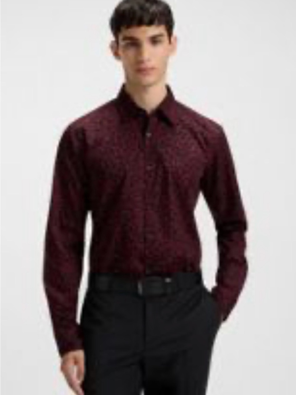 Express Men's Deep Burgundy Patterned Dress Shirt